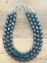 Load image into Gallery viewer, Vintage Gray Blue Triple Strand Statement Necklace, Bridesmaid Everyday Bib Jewelry, navy blue & silver beaded jewelry strand
