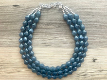 Load image into Gallery viewer, Vintage Gray Blue Triple Strand Statement Necklace, Bridesmaid Everyday Bib Jewelry, navy blue & silver beaded jewelry strand