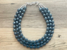 Load image into Gallery viewer, Vintage Gray Blue Triple Strand Statement Necklace, Bridesmaid Everyday Bib Jewelry, navy blue & silver beaded jewelry strand