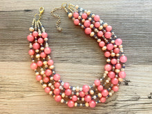 Load image into Gallery viewer, Chunky Multi Strand Coral Statement Necklace, pink gray champagne beaded jewelry, peach necklace, coral jewelry, peach bridesmaid, dressy
