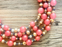 Load image into Gallery viewer, Chunky Multi Strand Coral Statement Necklace, pink gray champagne beaded jewelry, peach necklace, coral jewelry, peach bridesmaid, dressy