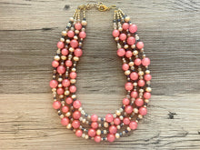 Load image into Gallery viewer, Chunky Multi Strand Coral Statement Necklace, pink gray champagne beaded jewelry, peach necklace, coral jewelry, peach bridesmaid, dressy