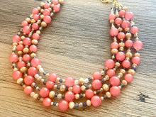 Load image into Gallery viewer, Chunky Multi Strand Coral Statement Necklace, pink gray champagne beaded jewelry, peach necklace, coral jewelry, peach bridesmaid, dressy