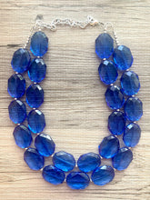 Load image into Gallery viewer, Dark Blue Double Strand Statement Necklace,  Chunky Royal Blue Oval Beaded Bib Jewelry earrings, blue jewelry set, royal blue