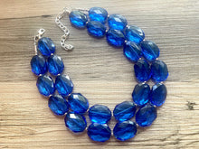 Load image into Gallery viewer, Dark Blue Double Strand Statement Necklace,  Chunky Royal Blue Oval Beaded Bib Jewelry earrings, blue jewelry set, royal blue