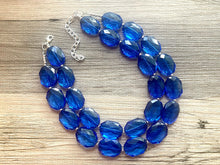Load image into Gallery viewer, Dark Blue Double Strand Statement Necklace,  Chunky Royal Blue Oval Beaded Bib Jewelry earrings, blue jewelry set, royal blue