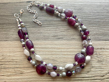 Load image into Gallery viewer, Purple & Gray Chunky Statement Necklace double Strand Beaded jewelry bridesmaid bib wedding, eggplant dark purple glass crystal necklace
