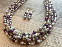 Load image into Gallery viewer, Antique Eggplant Purple Chunky Statement Necklace, 5 Strand Beaded Jewelry, gold gray jewelry bridesmaid wedding purple crystal