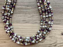 Load image into Gallery viewer, Antique Eggplant Purple Chunky Statement Necklace, 5 Strand Beaded Jewelry, gold gray jewelry bridesmaid wedding purple crystal