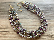Load image into Gallery viewer, Antique Eggplant Purple Chunky Statement Necklace, 5 Strand Beaded Jewelry, gold gray jewelry bridesmaid wedding purple crystal