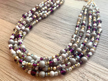 Load image into Gallery viewer, Antique Eggplant Purple Chunky Statement Necklace, 5 Strand Beaded Jewelry, gold gray jewelry bridesmaid wedding purple crystal