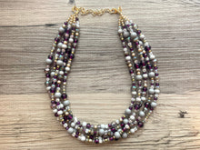 Load image into Gallery viewer, Antique Eggplant Purple Chunky Statement Necklace, 5 Strand Beaded Jewelry, gold gray jewelry bridesmaid wedding purple crystal