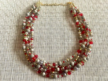 Load image into Gallery viewer, Royal Red Chunky Statement Necklace, 5 Strand Beaded Jewelry, gold gray jewelry bridesmaid wedding red maroon crystal
