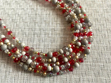 Load image into Gallery viewer, Royal Red Chunky Statement Necklace, 5 Strand Beaded Jewelry, gold gray jewelry bridesmaid wedding red maroon crystal