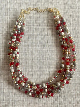 Load image into Gallery viewer, Royal Red Chunky Statement Necklace, 5 Strand Beaded Jewelry, gold gray jewelry bridesmaid wedding red maroon crystal