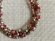 Load image into Gallery viewer, Royal Red Chunky Statement Necklace, 5 Strand Beaded Jewelry, gold gray jewelry bridesmaid wedding red maroon crystal