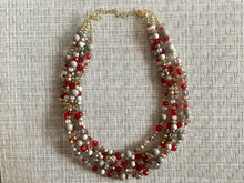 Load image into Gallery viewer, Royal Red Chunky Statement Necklace, 5 Strand Beaded Jewelry, gold gray jewelry bridesmaid wedding red maroon crystal