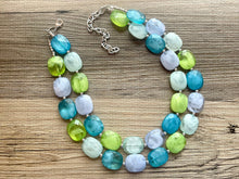 Load image into Gallery viewer, Calm Blue Double Strand Statement Necklace,  Chunky Periwinkle Oval Beaded Bib Jewelry earrings, blue jewelry set, baby blue mint lime green