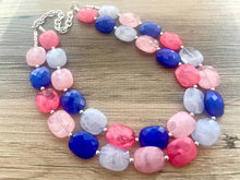 Load image into Gallery viewer, Pink + Blue Double Strand Statement Necklace,  Chunky Periwinkle Oval Beaded Bib Jewelry earrings, baby blue jewelry set gender reveal party