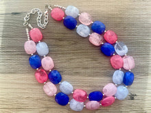 Load image into Gallery viewer, Pink + Blue Double Strand Statement Necklace,  Chunky Periwinkle Oval Beaded Bib Jewelry earrings, baby blue jewelry set gender reveal party