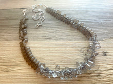 Load image into Gallery viewer, Long Gray Flutter jewelry, Statement necklace, gray long statement jewelry, chunky layering necklace, smoke gray jewelry acrylic beaded
