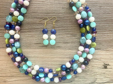 Load image into Gallery viewer, Moon Child Chunky Statement Necklace, gold bib necklace, purple white green blue necklace, wedding bridesmaid chunky earring set