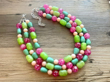 Load image into Gallery viewer, Peach Green & Hot pink Statement Necklace, multi strand bright jewelry, chunky lime necklace, coral necklace, pink necklace turquoise