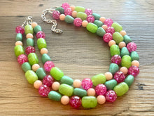 Load image into Gallery viewer, Peach Green & Hot pink Statement Necklace, multi strand bright jewelry, chunky lime necklace, coral necklace, pink necklace turquoise