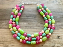 Load image into Gallery viewer, Peach Green & Hot pink Statement Necklace, multi strand bright jewelry, chunky lime necklace, coral necklace, pink necklace turquoise