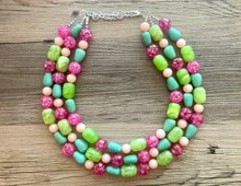 Load image into Gallery viewer, Peach Green & Hot pink Statement Necklace, multi strand bright jewelry, chunky lime necklace, coral necklace, pink necklace turquoise