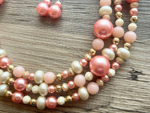 Load image into Gallery viewer, Coral White & Gold Necklace, triple strand gold jewelry, big beaded chunky statement necklace, pink white cream necklace, gold jewelry