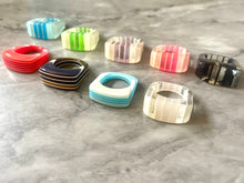 Load image into Gallery viewer, Laser Acrylic Cut Rainbow Stack Rings, chunky retro rings, thick rings, 70s 80s inspired vintage style stacked rings, red statement blue