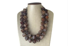 Load image into Gallery viewer, Chocolate Chunky Storm Statement Necklace, Big beaded jewelry, Double Strand Geometric Brown smoke Bib necklace bridesmaid wedding silver