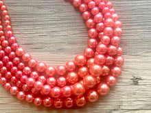Load image into Gallery viewer, Five Strand WATERMELON chunky statement necklace & earrings, big bead jewelry gifts for women, bib jewelry pearl coral red pink beaded