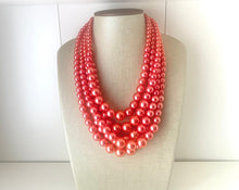 Load image into Gallery viewer, Five Strand WATERMELON chunky statement necklace & earrings, big bead jewelry gifts for women, bib jewelry pearl coral red pink beaded