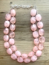 Load image into Gallery viewer, Peach Chunky Statement jewelry set, Big bib beaded jewelry, Double Strand Statement Necklace earrings, peach bridesmaid wedding coral