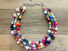 Load image into Gallery viewer, Rainbow Confetti Statement Necklace, chunky multi-strand jewelry, yellow pink colorful necklace, silver jewelry, neon jewelry green Pearl