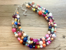 Load image into Gallery viewer, Rainbow Confetti Statement Necklace, chunky multi-strand jewelry, yellow pink colorful necklace, silver jewelry, neon jewelry green Pearl