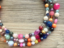 Load image into Gallery viewer, Rainbow Confetti Statement Necklace, chunky multi-strand jewelry, yellow pink colorful necklace, silver jewelry, neon jewelry green Pearl
