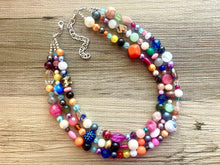 Load image into Gallery viewer, Rainbow Confetti Statement Necklace, chunky multi-strand jewelry, yellow pink colorful necklace, silver jewelry, neon jewelry green Pearl