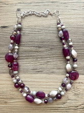 Load image into Gallery viewer, Purple & Gray Chunky Statement Necklace double Strand Beaded jewelry bridesmaid bib wedding, eggplant dark purple glass crystal necklace