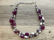 Load image into Gallery viewer, Purple & Gray Chunky Statement Necklace double Strand Beaded jewelry bridesmaid bib wedding, eggplant dark purple glass crystal necklace