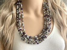 Load image into Gallery viewer, Antique Eggplant Purple Chunky Statement Necklace, 5 Strand Beaded Jewelry, gold gray jewelry bridesmaid wedding purple crystal