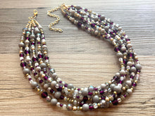 Load image into Gallery viewer, Antique Eggplant Purple Chunky Statement Necklace, 5 Strand Beaded Jewelry, gold gray jewelry bridesmaid wedding purple crystal