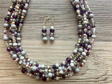 Load image into Gallery viewer, Antique Eggplant Purple Chunky Statement Necklace, 5 Strand Beaded Jewelry, gold gray jewelry bridesmaid wedding purple crystal