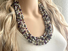 Load image into Gallery viewer, Antique Eggplant Purple Chunky Statement Necklace, 5 Strand Beaded Jewelry, gold gray jewelry bridesmaid wedding purple crystal