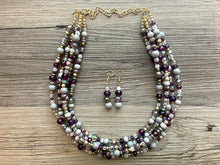 Load image into Gallery viewer, Antique Eggplant Purple Chunky Statement Necklace, 5 Strand Beaded Jewelry, gold gray jewelry bridesmaid wedding purple crystal