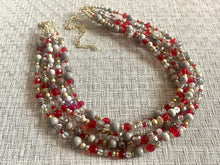 Load image into Gallery viewer, Royal Red Chunky Statement Necklace, 5 Strand Beaded Jewelry, gold gray jewelry bridesmaid wedding red maroon crystal