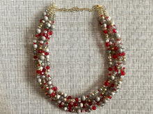 Load image into Gallery viewer, Royal Red Chunky Statement Necklace, 5 Strand Beaded Jewelry, gold gray jewelry bridesmaid wedding red maroon crystal