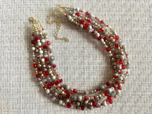 Load image into Gallery viewer, Royal Red Chunky Statement Necklace, 5 Strand Beaded Jewelry, gold gray jewelry bridesmaid wedding red maroon crystal